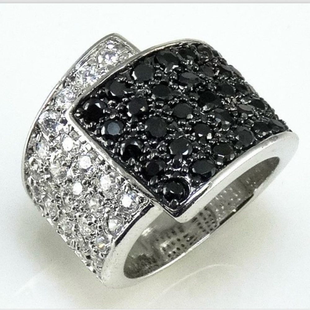 Silver Black Clear Cubic Zirconia Pave Wide Band Ring Cocktail Accent Statement